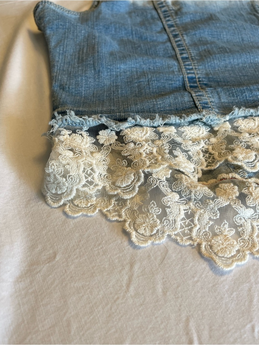 Maurices Light Wash Denim Vest with Cream Lace Trim - Picture 8 of 10